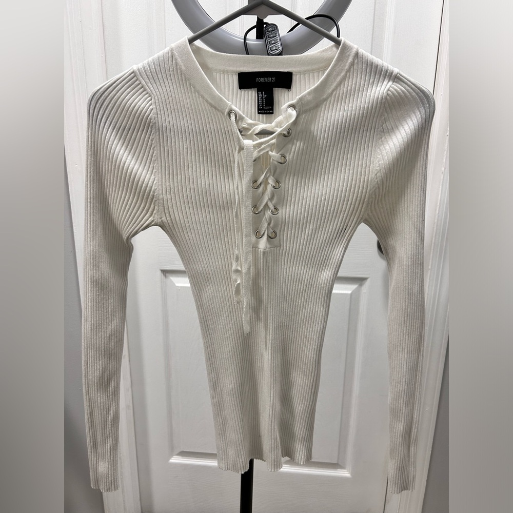 Forever 21 Women's White Ribbed Lace-Up Top